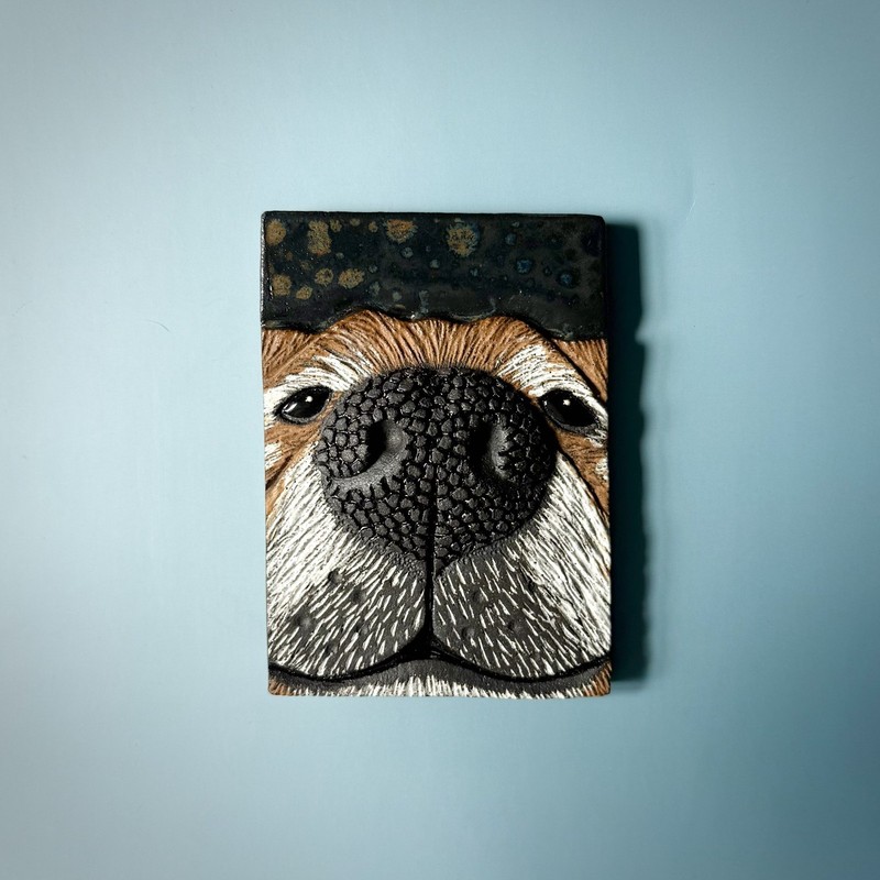 ACEO original: Boopable Dog SNOOT #007 - SCULPTED CERAMIC ART CARD - Curiosibee