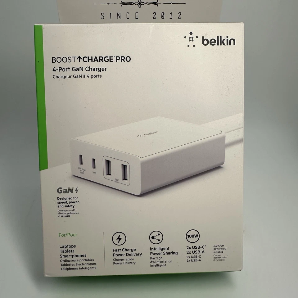 Belkin Boost Charge Pro 4 端口 108W GaN USB-C 充电器 - 白色 WCH010DQWH - 全新! — 第 2/4 张图片