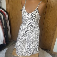 White and Black Leopard Print Spaghetti Strap Short Dress Scoop Neck Size L