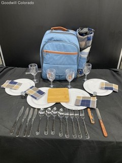 Stainless Steel Blue Picnic Backpack Set Plates Glasses Flatware Blanket