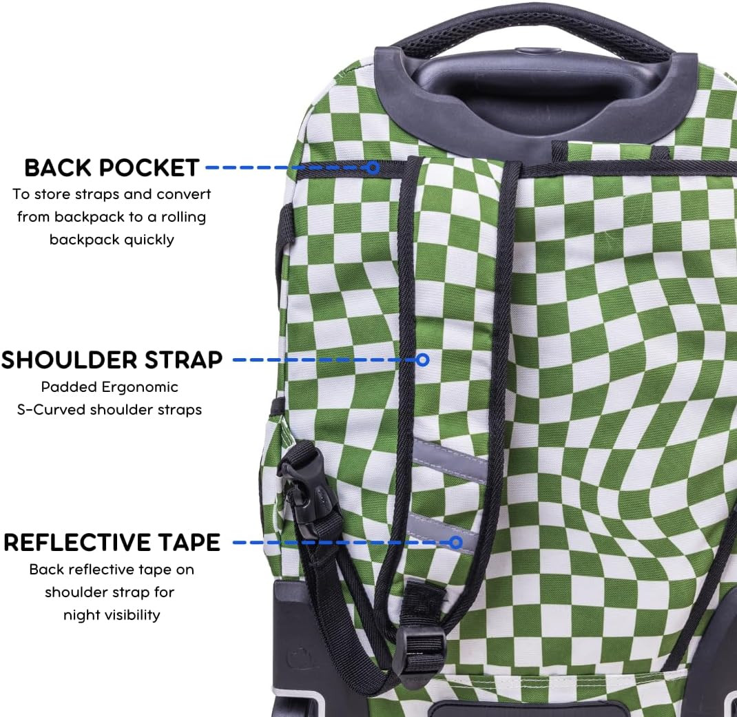 J World Lunar Matcha Checkers Wheeled Laptop Backpack for Travel