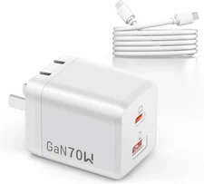 70W GaN USB C 2 Port Fast Charger for MacBook Pro/Air, iPhone 17/16/15, Galaxy