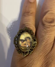 Vintage Bronze Filigree Victorian Angel Cherub Ring w/ adjustable band - Size 6