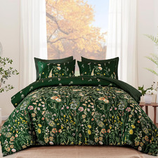 Dark Green Floral Comforter Set Queen Size, 7 Piece Botanical Flowers Comforter