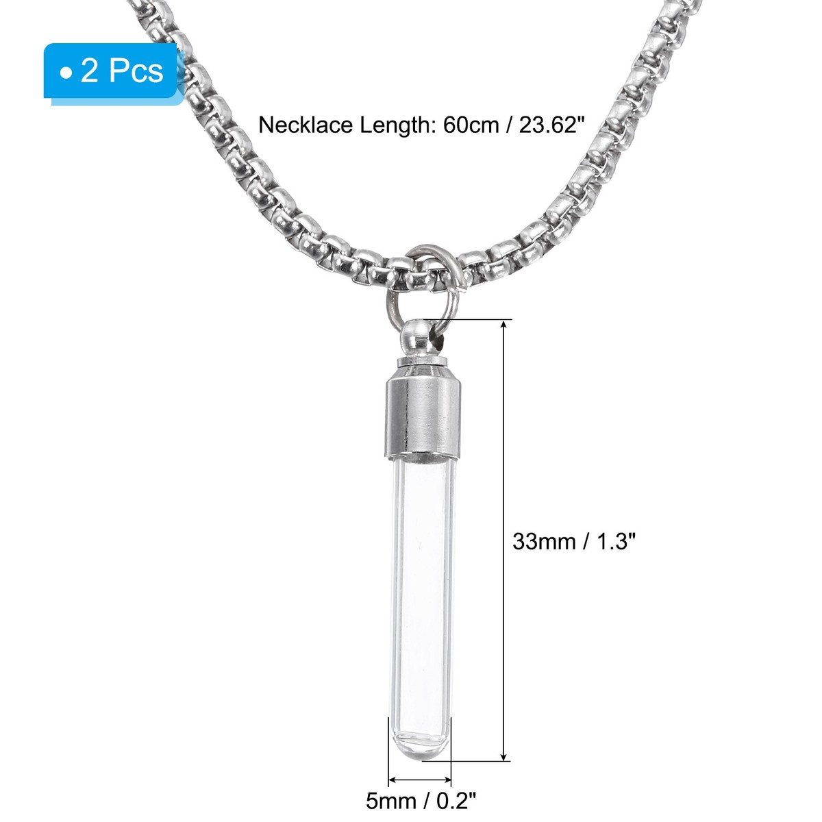 Vial Necklace, 2Pcs Cylinder Glass Container Necklace, Silver Tone