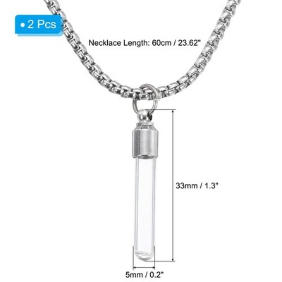 Vial Necklace, 2Pcs Cylinder Glass Container Necklace, Silver Tone