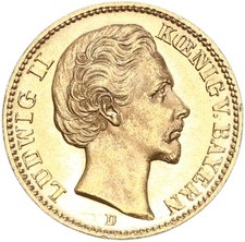Bayern Ludwig II. 20 Mark 1874 D Gold Prachtexemplar pfr., f. stgl./stgl. J 197