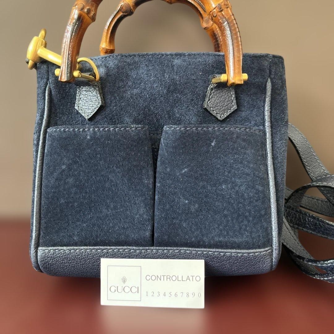 GUCCI Bamboo Mini 2Way Suede Crossbody Bag Navy Authentic Women's Handbag thumbnail 2