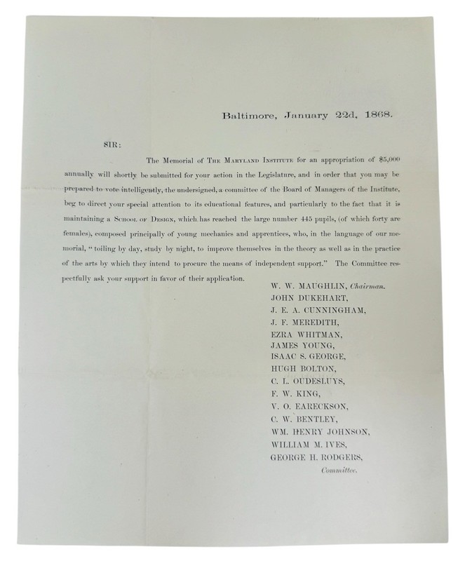 LETTER FROM MARYLAND INSTITUTE TO LEGISLATURE REQUESTING SUPPORT 1/22/1868