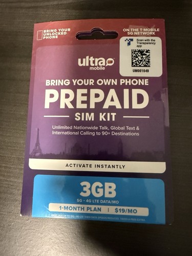 Ultra Mobile Prepaid Phone Plan with Unlimited Talk, Text And 3Gb Data SiM Kit