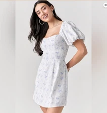 Francesca's Collections White & Blue Smocked Puff Sleeve Mini Dress Rayon +Linen