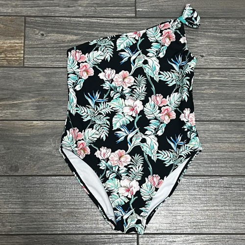 Tommy Bahama One-Piece Swimsuit Girls Size 12 One Shoulder Black Hibiscus Blooms - Picture 2 of 13