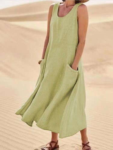 Womens Cotton Linen Sleeveless Dress Ladies Summer Kaftan Maxi Sundress Size 20 - Picture 14 of 18