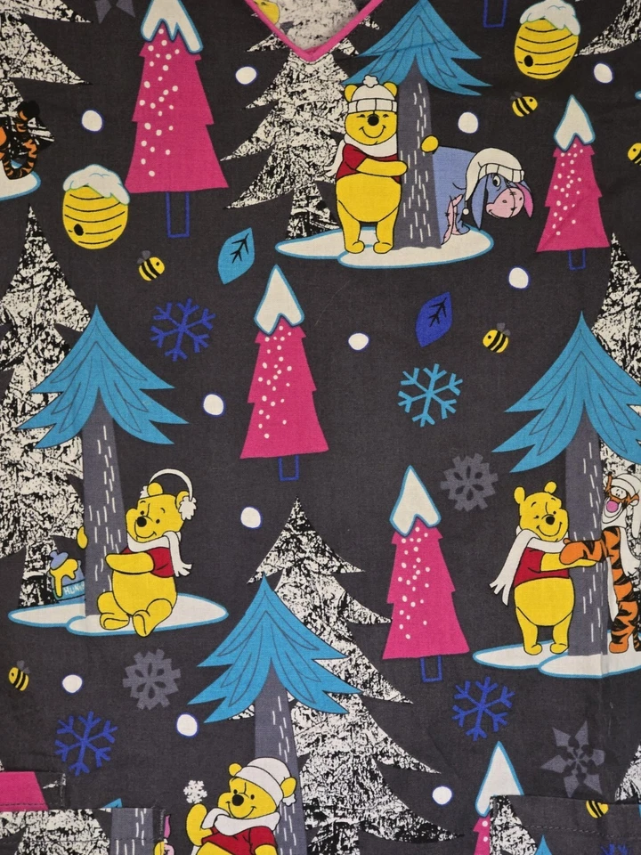 Disney Winnie The Pooh Winter Christmas Nurse Dental Scrub Top Women’s Size XS - Image 2 of 4