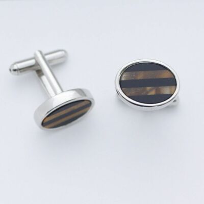 C0017 CUFFLINKS CUFF LINKS OVAL BLACK ONYX BROWN TIGER EYE STONE BARS STRIPS NEW