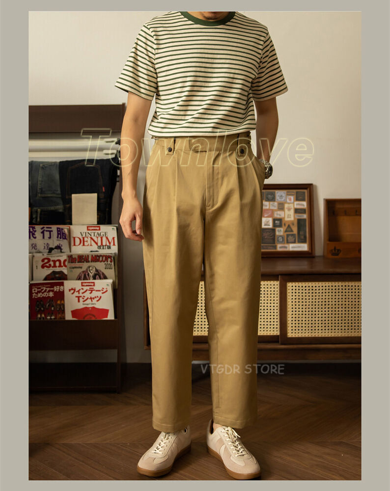 Men's 100% Cotton Retro Gurkha Pants Double Pleated Pants