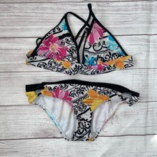 Tropical print floral 2 piece bikini w/criss cross back tie string sz M women