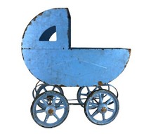 Old Vintage Blue Painted Metal Doll Baby Stroller Carriage 14 x 7 x 10"