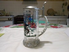 Chope à bière en verre RASTAL avec couvercle en étain gravure cavalier