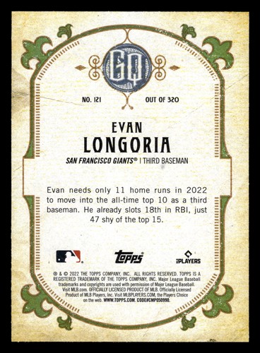2022 Topps Gypsy Queen #121 Evan Longoria San Francisco Giants Baseball Card - 第 2/2 張圖片