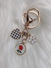 Flower and Heart Bag Charm Keychain Key Ring Car Charm Red Rose Check White