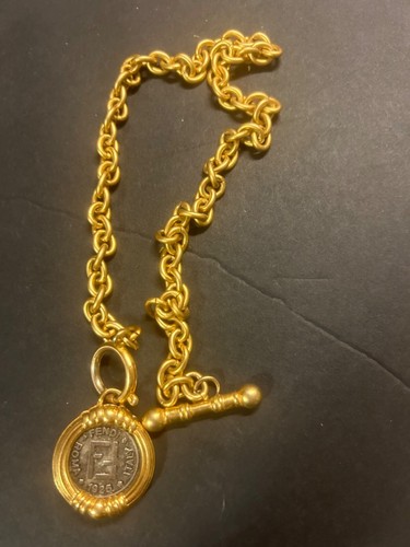 Fendi Gold Tone Vintage Pendant Medallion Janus Coin Shape 1925 Roma Italy Chain