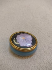 Vintage Ceramic Oval Handmade Embroidered Blue Trinket Box Framecraft Used Small