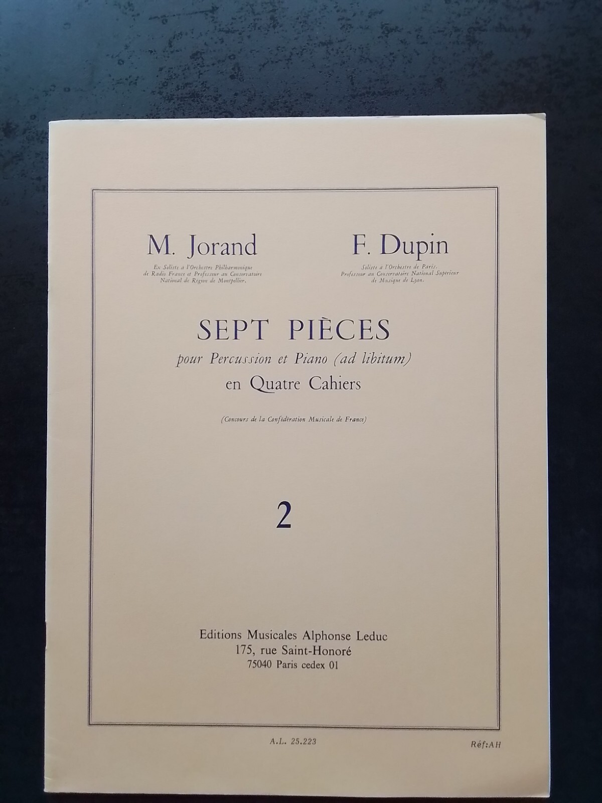 Partition percussion et piano Jorand Dupin Cahier 2 livre de musique 7 pièces pour méthode d'examen