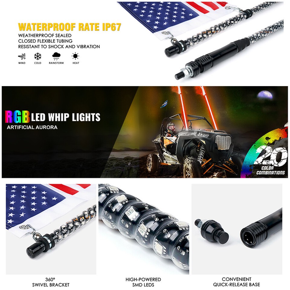 5ft RGB LED Spiral Whip Light Antenna with Flag & Remote for ATV UTV ...