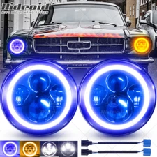 For Ford Mustang 1965-1973 7" inch Round LED Headlights Blue Halo DRL Angel Eyes