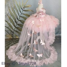 Kid's Girl Puffy Dress with Long Train Child Birthday Party Dresses Costume