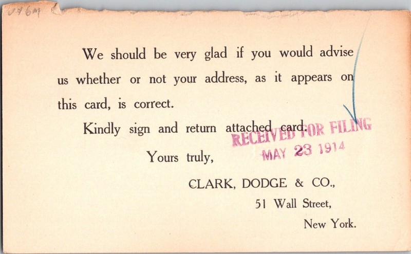 Vintage Clark, Doge & Co. of 51 Wall St. Postcard- 1914