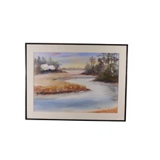 Vintage Cottage Stream Landscape Watercolor Painting Signed Mark Nichols 95