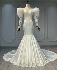 Elegant White Satin Mermaid Wedding Dresses Long Sleeves Court Train Bridal Gown