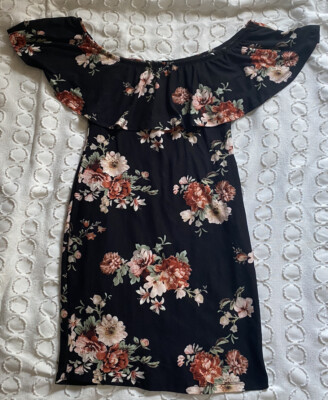 Robe été Femme RUE21 Noire à Fleurs - Taille M, Décolleté Off-shoulder