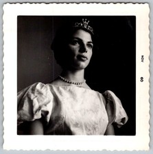 Vtg B&W Snapshot Elegant Woman Tiara Pearl Necklace 1960
