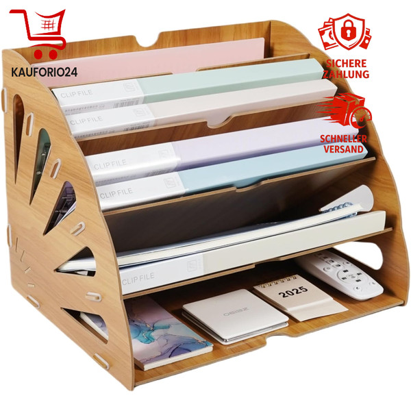 Dokumentenablage Holz A4 5 AblagefäCher Schreibtisch Datei Organizer BüRo-image