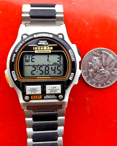 NO RSV  MENS IRONMAN INDIGLO BLACK SILVER NEW 5 YEAR BATTERY & STRAP  90's 8 Lap