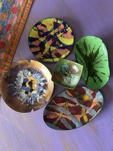 Lot Of 5 Enamel On Copper Trinket Dishes Mid Century Modern Vintage