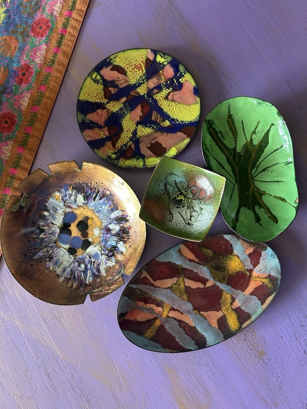 Lot Of 5 Enamel On Copper Trinket Dishes Mid Century Modern Vintage