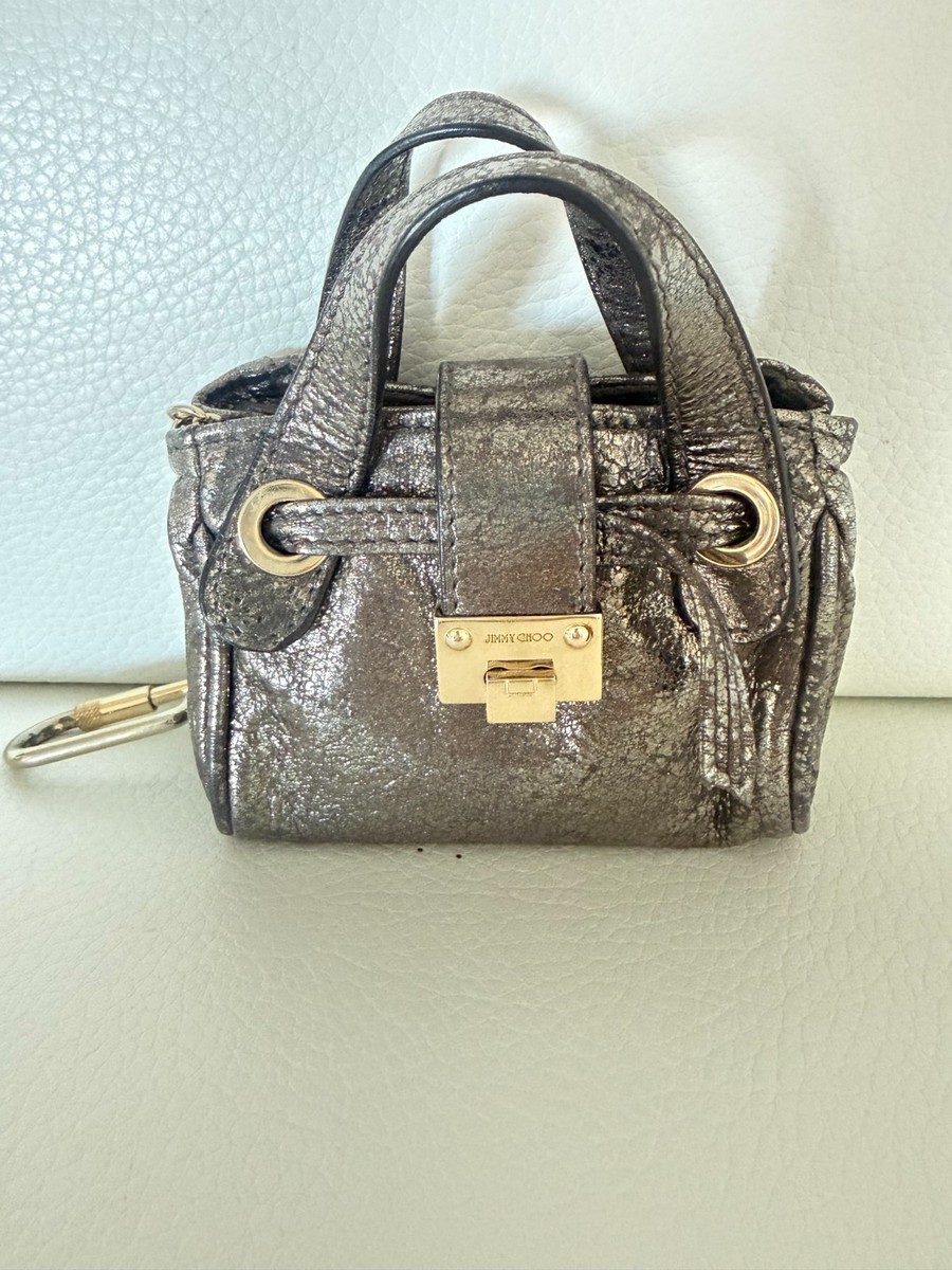 JIMMY CHOO ROSALIE MINI BAG CHARM KEY RING METALLIC SILVER LEATHER