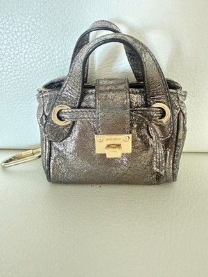 JIMMY CHOO ROSALIE MINI BAG CHARM KEY RING METALLIC SILVER LEATHER