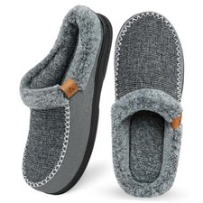 Men's Slippers Slip On Moccasin, Indoor Outdoor Warm 9-10 Grey Black Wool