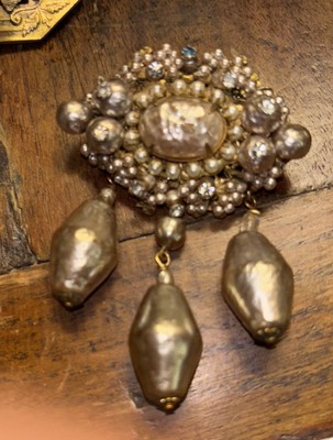 Vintage Small Miriam Haskell Faux Dangling Pearl And Brass Signed Brooch