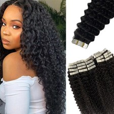 20 pcs Kinky Curly Tape in Hair Extensions Real Human Hair Natural Black Curly T