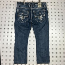 Rock Revival Derek Straight Blue Jeans 40x34 Denim Stitched Embroidered Cowboy