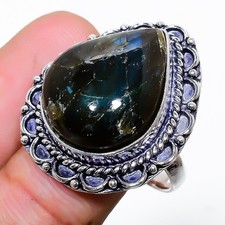 Natural Labradorite Gemstone 925 Sterling Silver Jewelry Ring Size 9 US 