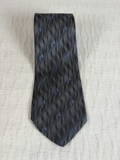 David Taylor Polyester Tie Charcoal Gray With Blue Geometric Pattern, Made USA