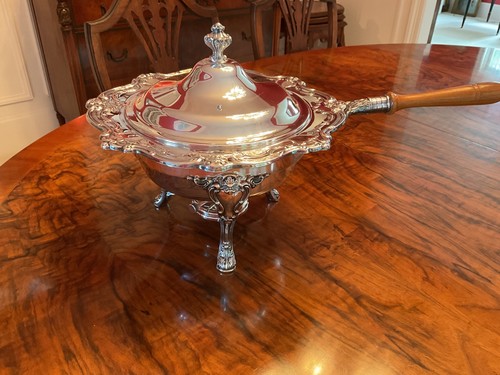 Vintage GORHAM Silver Serving Chafing Dish w/Lid, Stand, Burner & Wood Handle