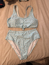 Women’s Blue Floral 2-Piece Bikini Set, High-Waisted Bottom, Size M